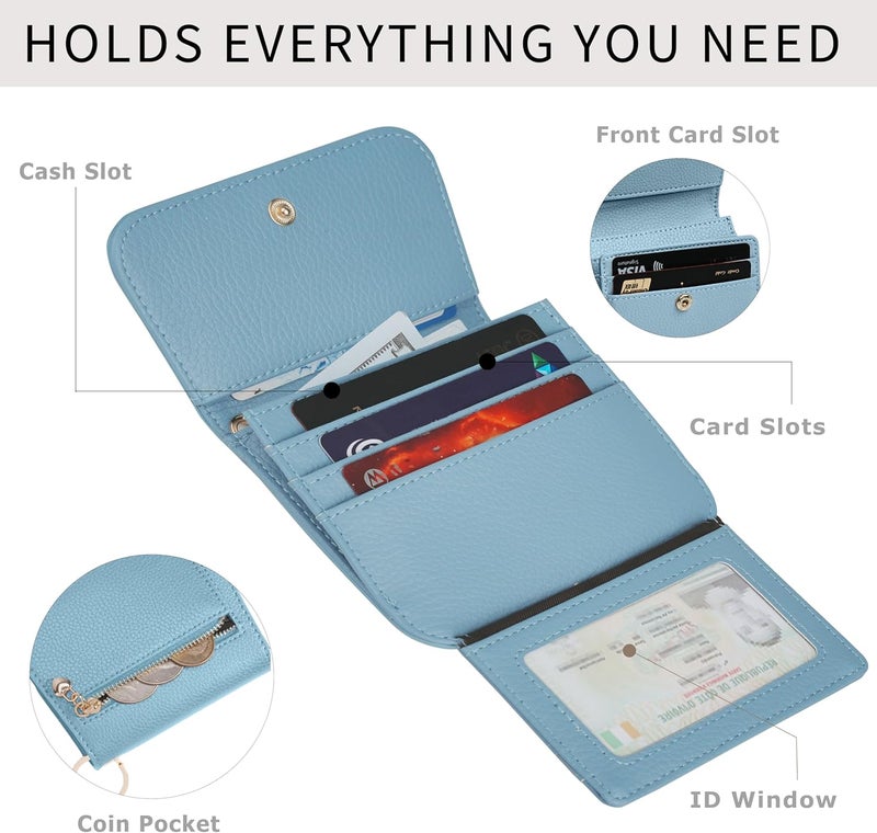 Sunpour Women Small Wallet RFID Blocking Slim Wallet with Coin Pocket Tri-Fold Credit Card Holder with ID Window and Keychain (Blue) - Image 3
